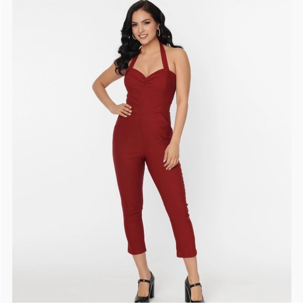 Unique Vintage 1950s Plus Size 4X Burgundy Halter Marcel Jumpsuit